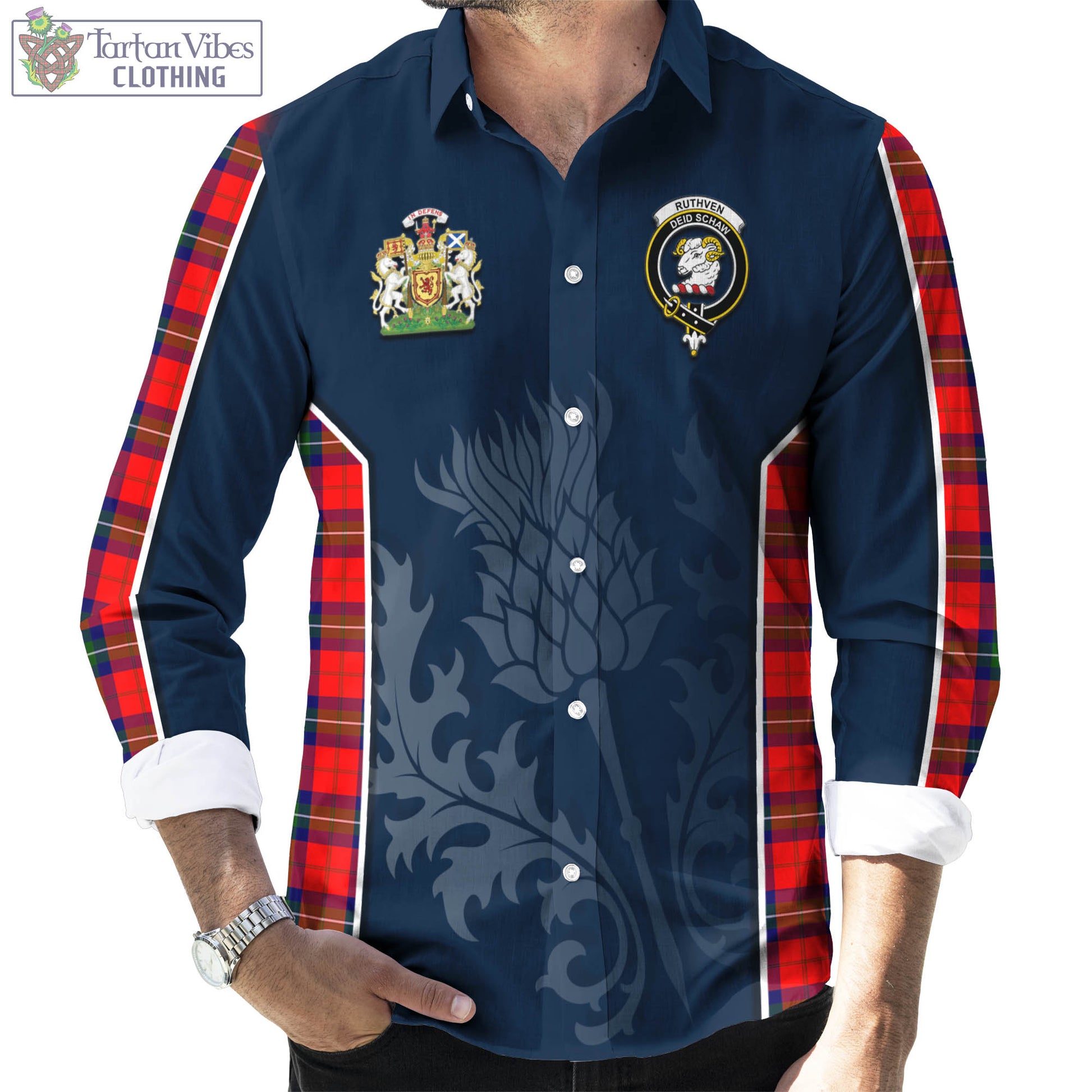 Ruthven Tartan Long Sleeve Button Up Shirt with Family Crest and Scottish Thistle Vibes Sport Style - Tartan Vibes Clothing