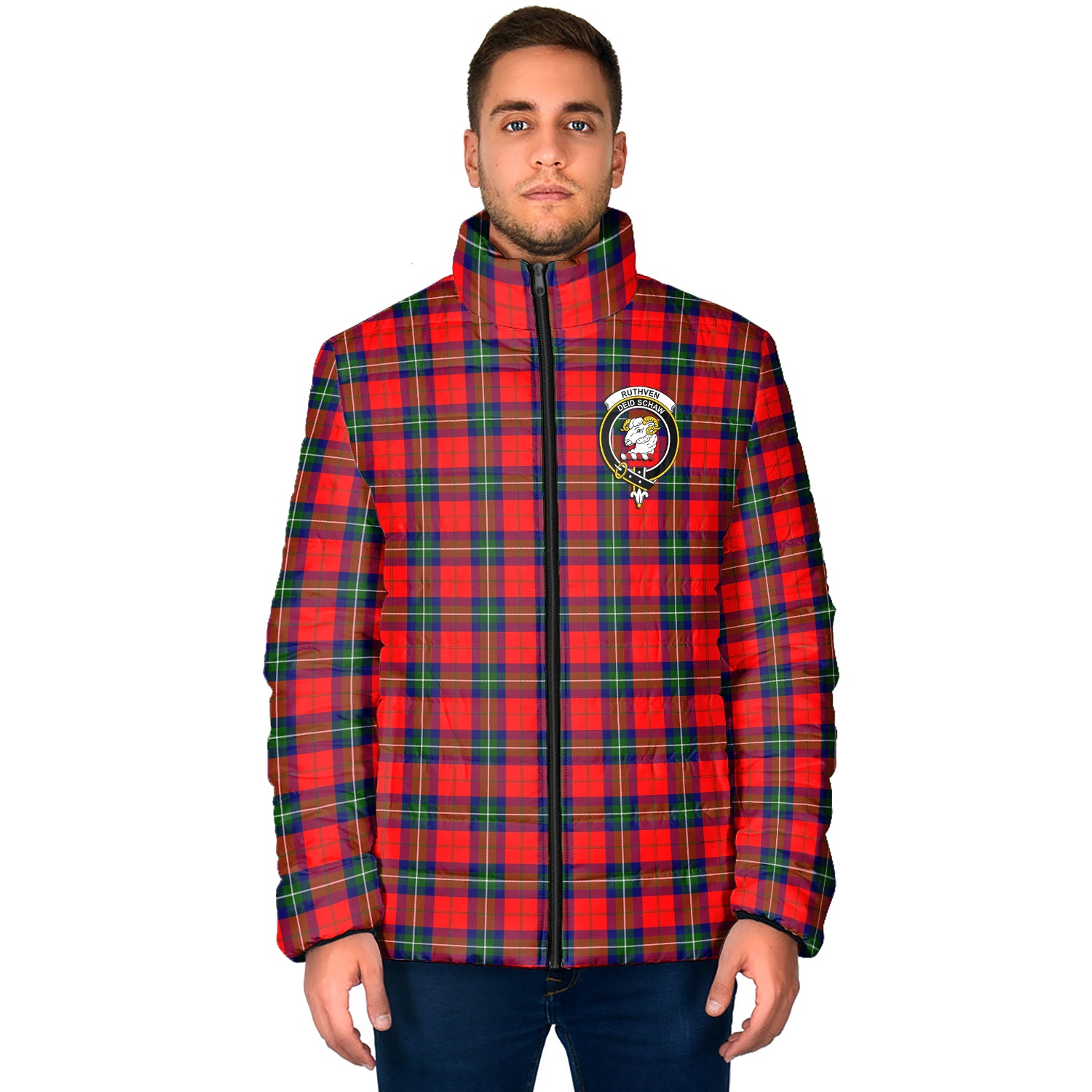 Ruthven Tartan Padded Jacket with Family Crest - Tartan Vibes Clothing