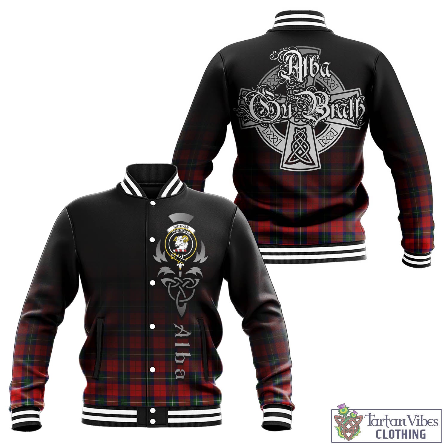 Ruthven Tartan Baseball Jacket Featuring Alba Gu Brath Family Crest Celtic Inspired - Tartan Vibes Clothing