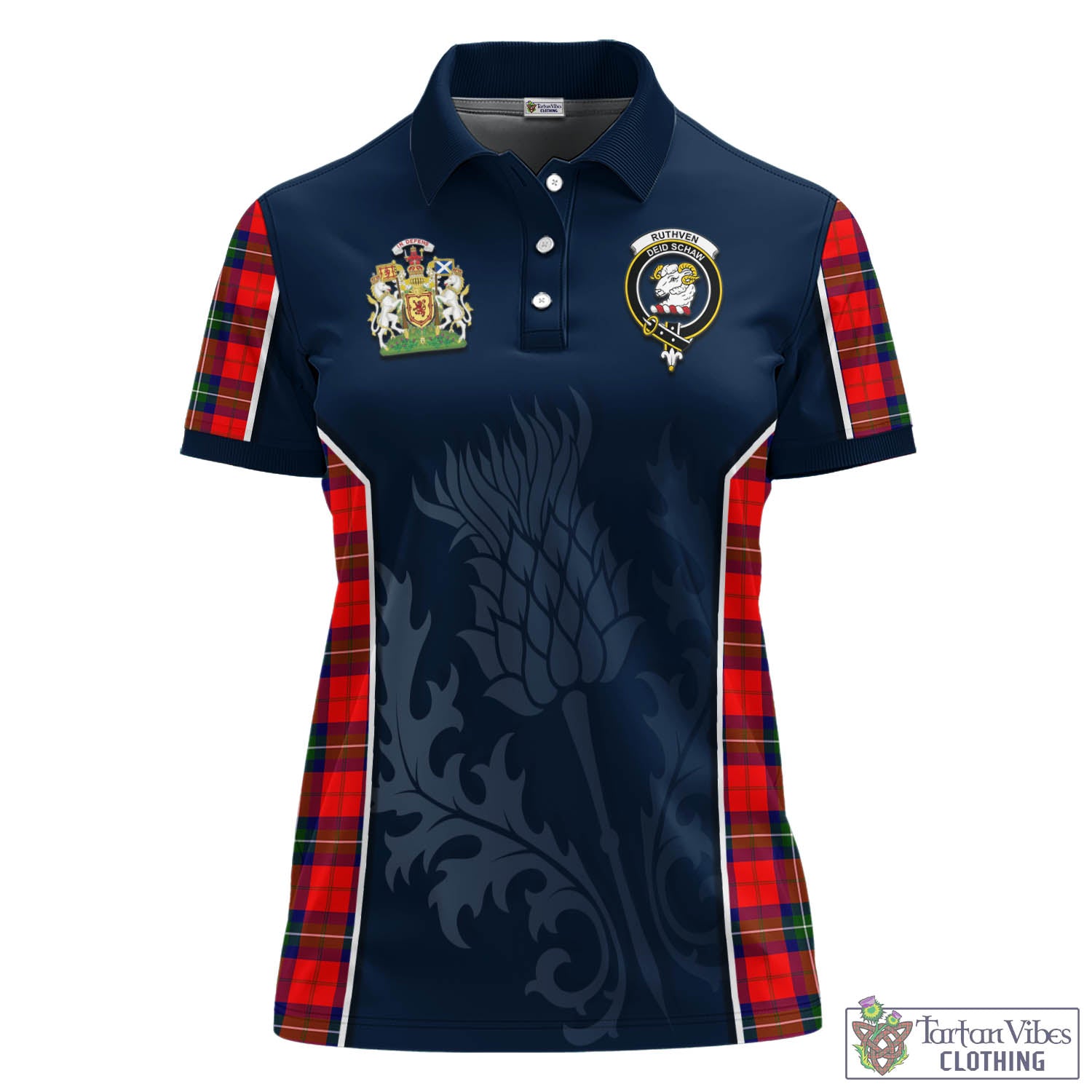 Tartan Vibes Clothing Ruthven Modern Tartan Women's Polo Shirt with Family Crest and Scottish Thistle Vibes Sport Style