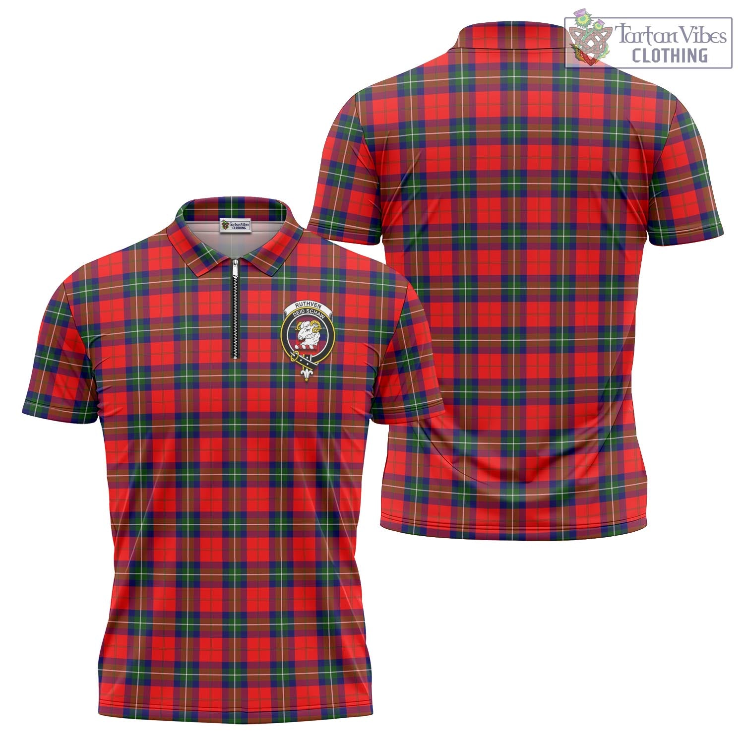Ruthven Tartan Zipper Polo Shirt with Family Crest - Tartan Vibes Clothing