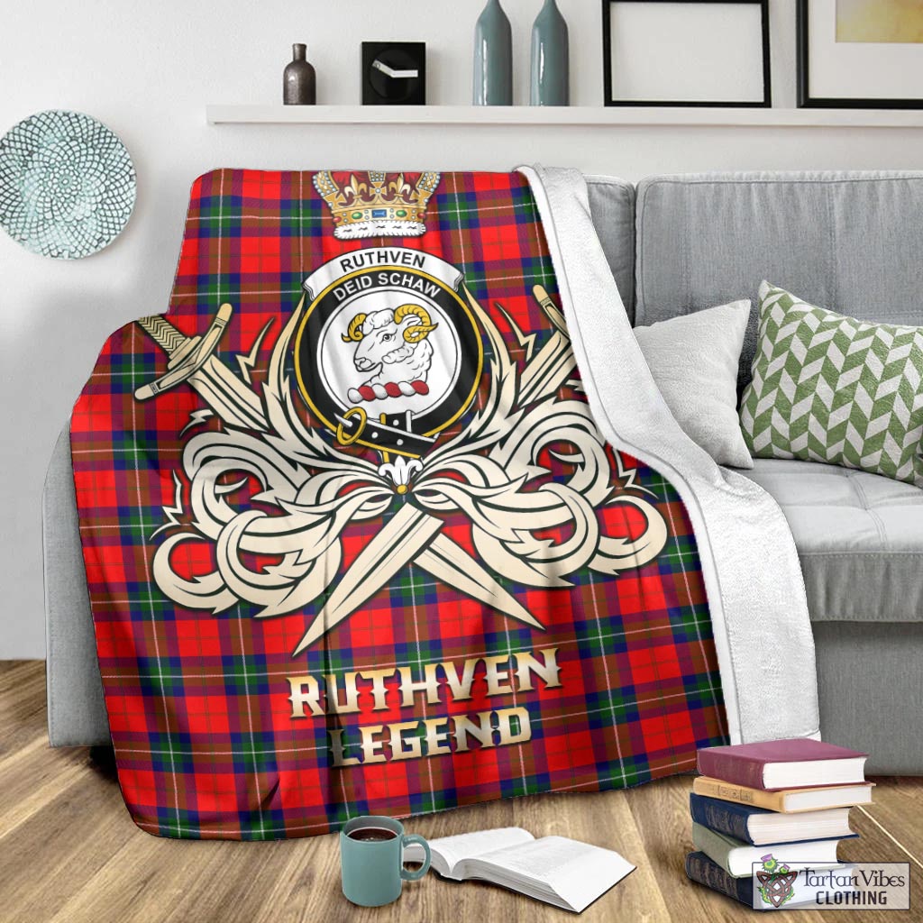 Tartan Vibes Clothing Ruthven Modern Tartan Blanket with Clan Crest and the Golden Sword of Courageous Legacy