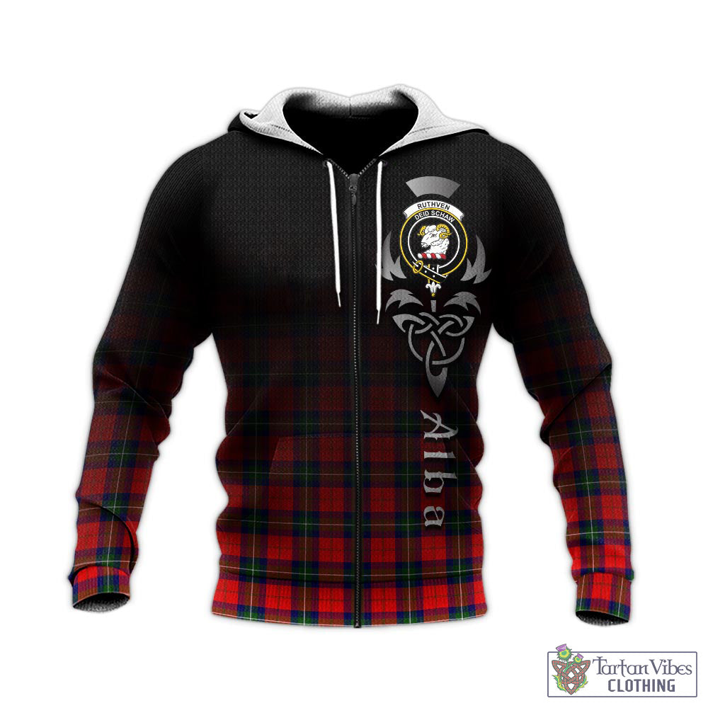 Tartan Vibes Clothing Ruthven Modern Tartan Knitted Hoodie Featuring Alba Gu Brath Family Crest Celtic Inspired