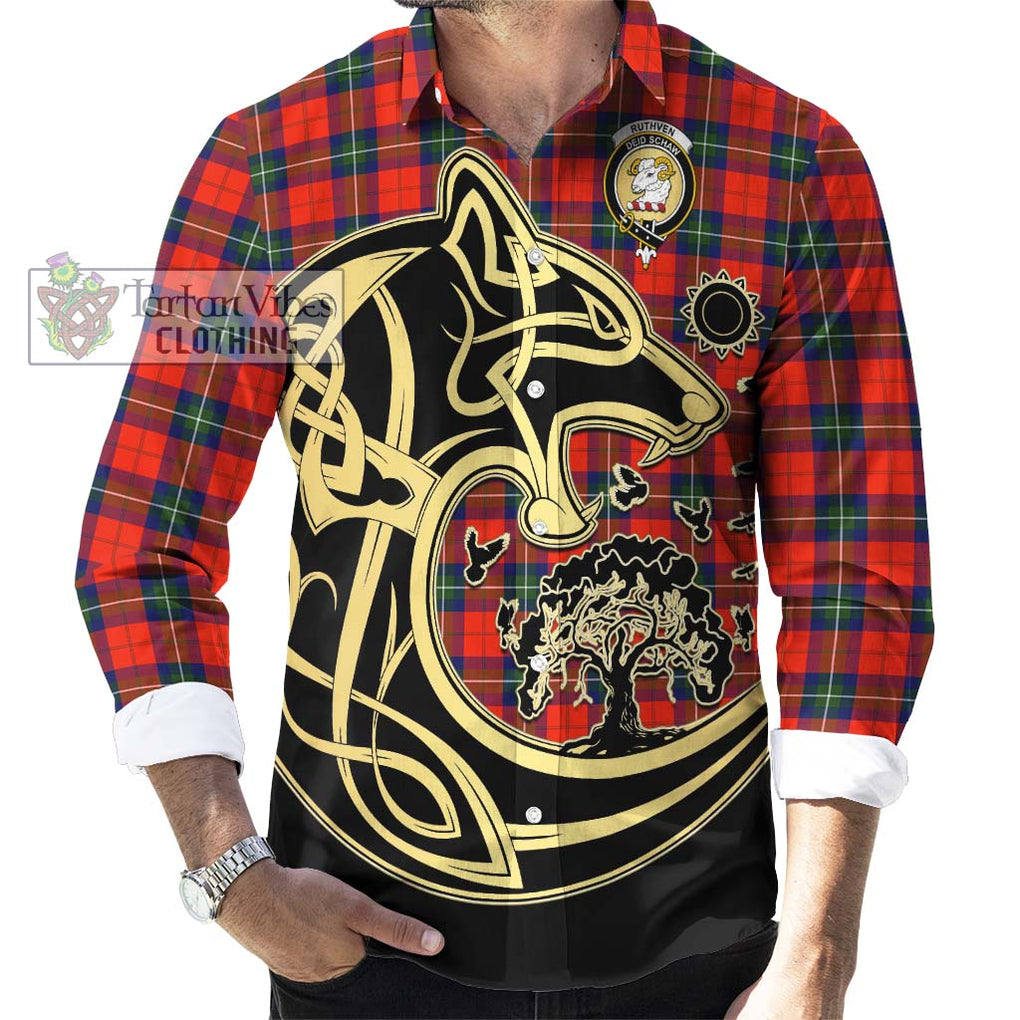 Ruthven Tartan Long Sleeve Button Shirt with Family Crest Celtic Wolf Style - Tartan Vibes Clothing