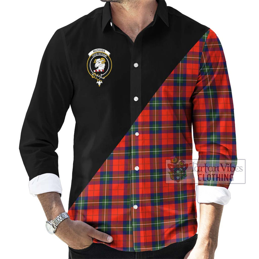 Ruthven Tartan Long Sleeve Button Shirt with Family Crest and Military Logo Style - Tartanvibesclothing Shop