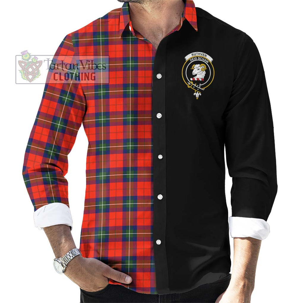 Ruthven Tartan Long Sleeve Button Shirt with Family Crest and Half Of Me Style - Tartanvibesclothing Shop