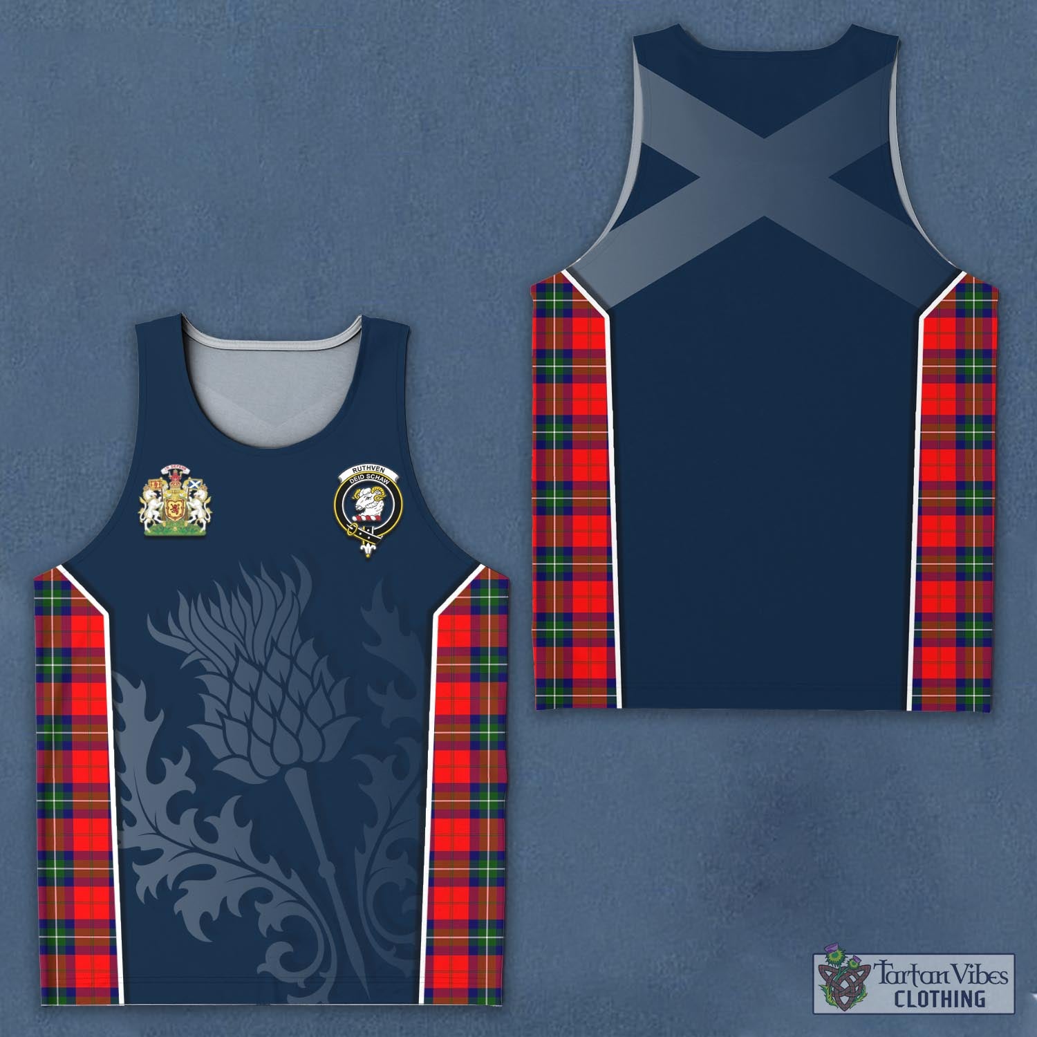 Tartan Vibes Clothing Ruthven Modern Tartan Men's Tanks Top with Family Crest and Scottish Thistle Vibes Sport Style