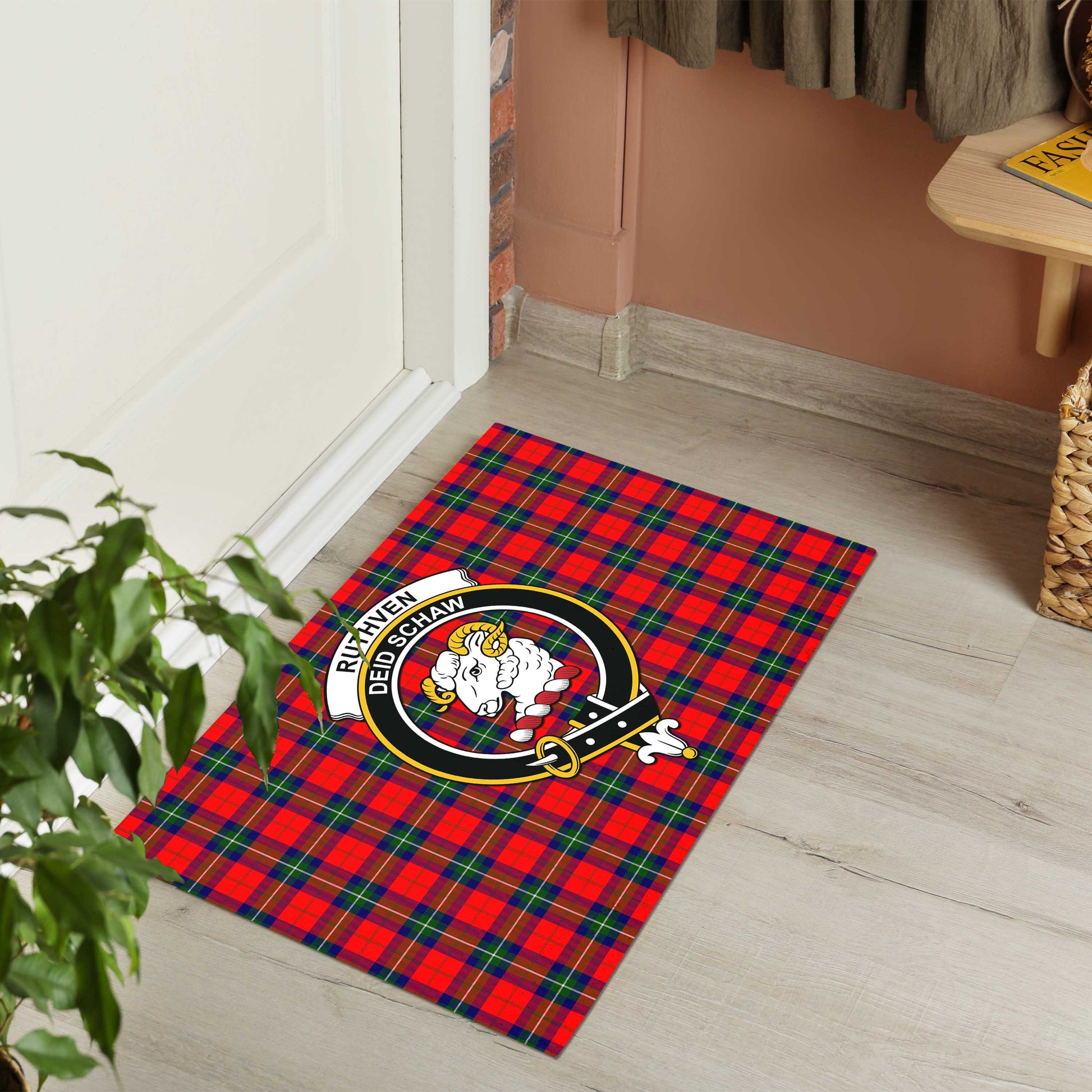 Ruthven Modern Tartan Door Mat with Family Crest - Tartanvibesclothing Shop