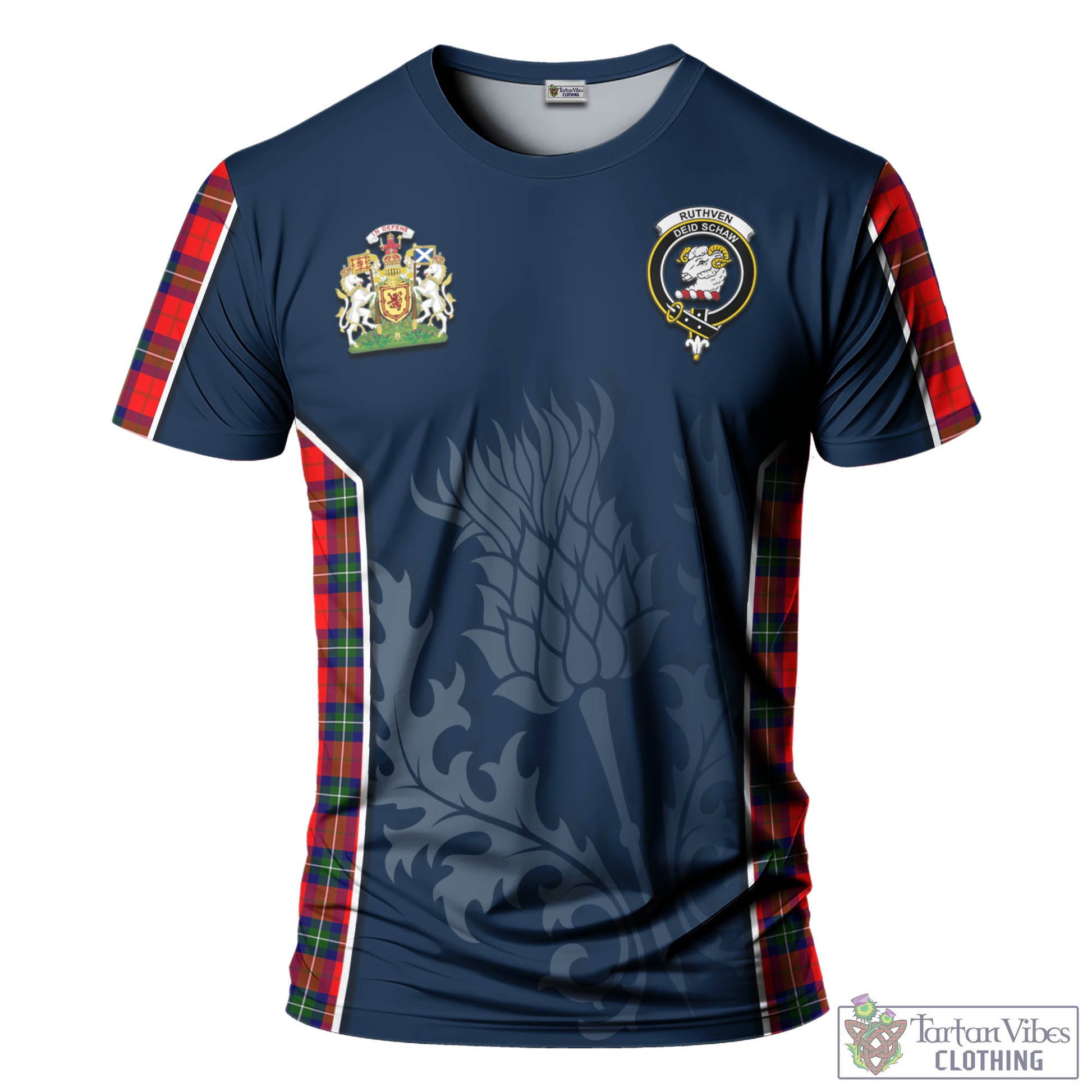 Tartan Vibes Clothing Ruthven Modern Tartan T-Shirt with Family Crest and Scottish Thistle Vibes Sport Style
