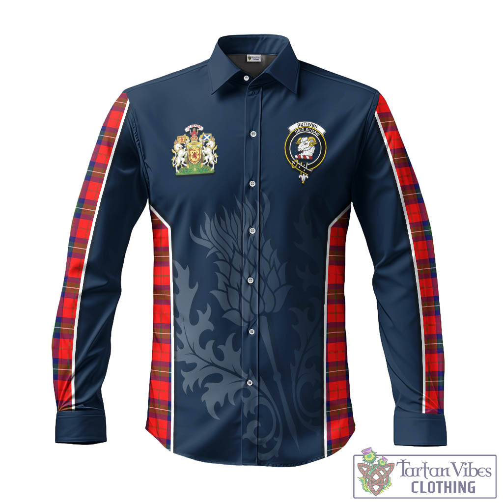 Ruthven Tartan Long Sleeve Button Up Shirt with Family Crest and Scottish Thistle Vibes Sport Style - Tartan Vibes Clothing