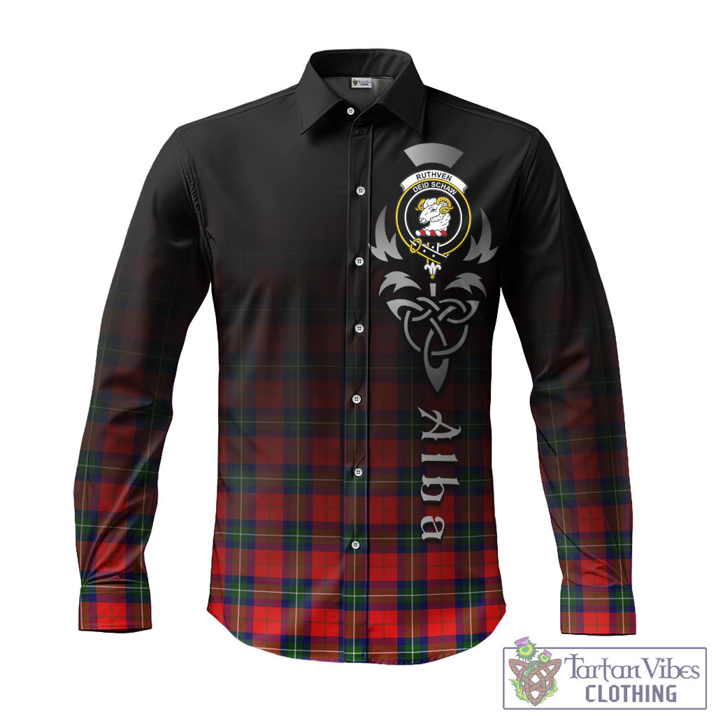Tartan Vibes Clothing Ruthven Modern Tartan Long Sleeve Button Up Featuring Alba Gu Brath Family Crest Celtic Inspired