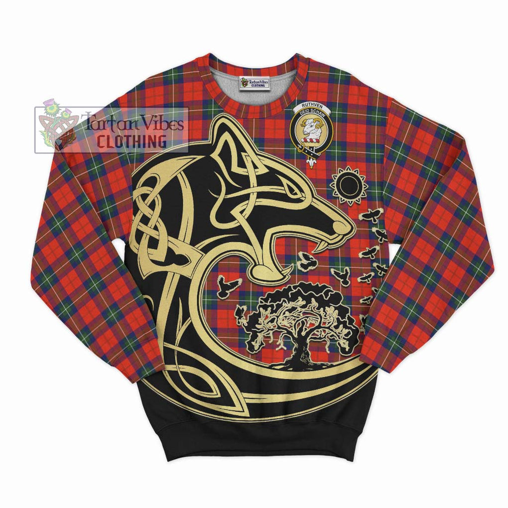 Ruthven Tartan Sweatshirt with Family Crest Celtic Wolf Style - Tartan Vibes Clothing