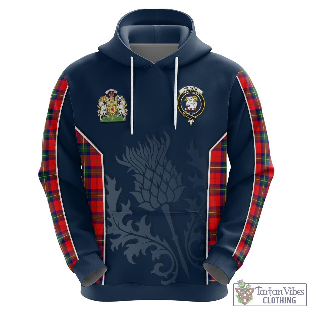 Ruthven Tartan Hoodie with Family Crest and Scottish Thistle Vibes Sport Style - Tartan Vibes Clothing