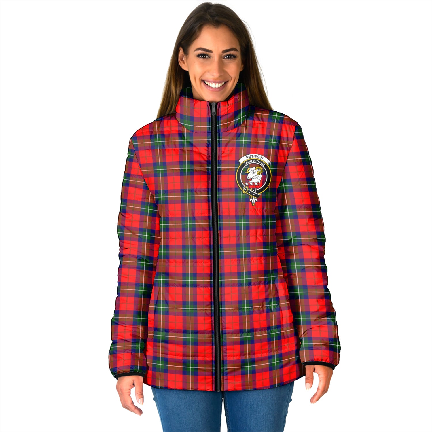 Ruthven Tartan Padded Jacket with Family Crest - Tartan Vibes Clothing