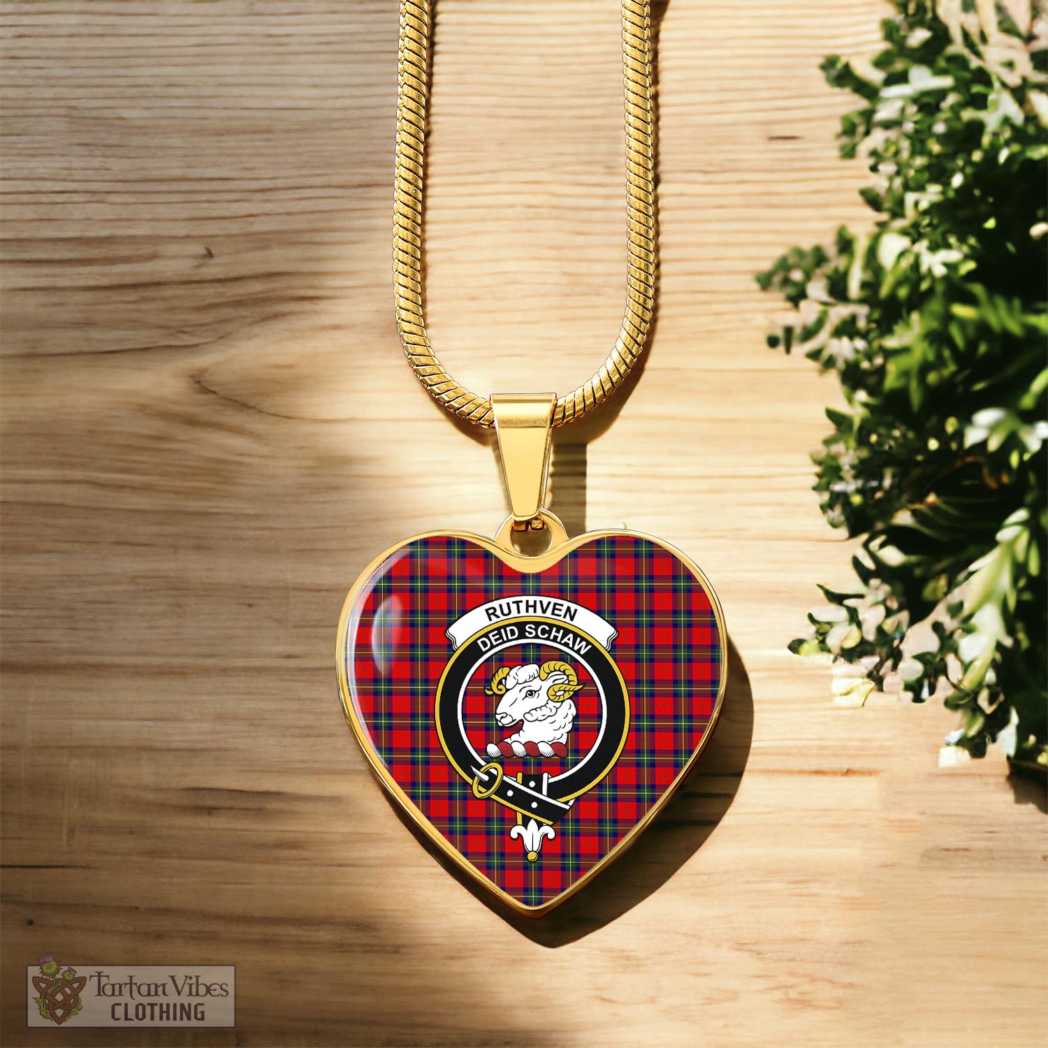 Ruthven Tartan Heart Necklace with Family Crest Luxury Necklace (Gold) No - Tartan Vibes Clothing