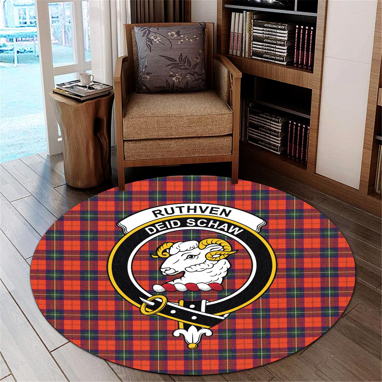ruthven-modern-tartan-round-rug-with-family-crest