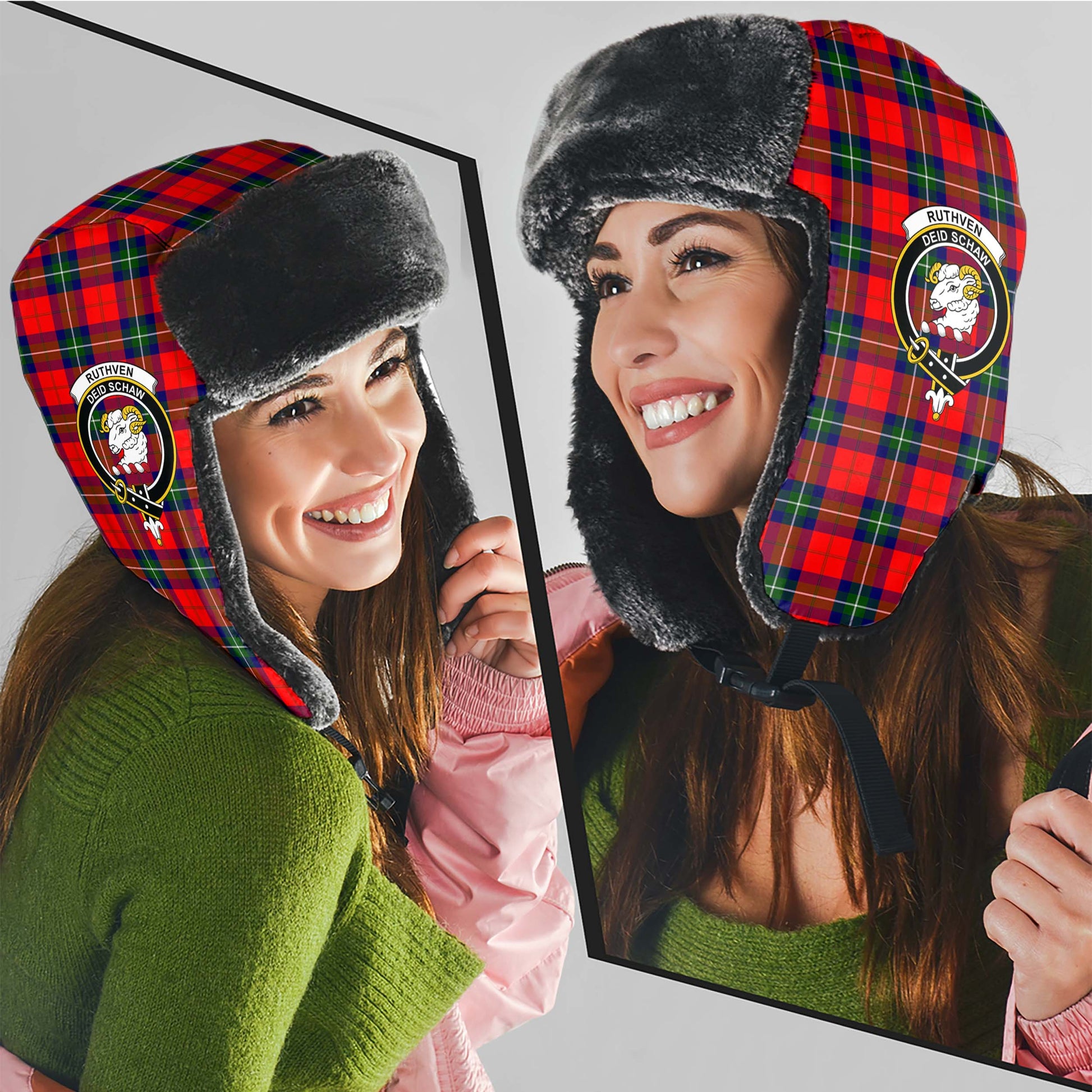 Ruthven Tartan Winter Trapper Hat with Family Crest - Tartan Vibes Clothing
