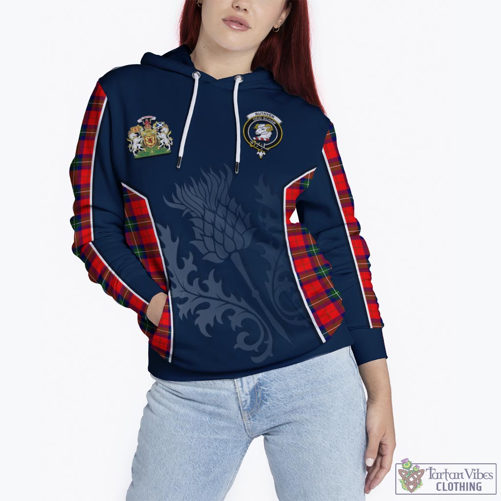 Ruthven Tartan Hoodie with Family Crest and Scottish Thistle Vibes Sport Style - Tartan Vibes Clothing