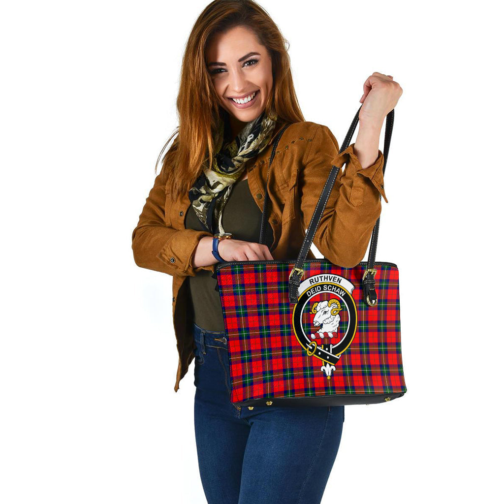 Ruthven Tartan Leather Tote Bag with Family Crest - Tartan Vibes Clothing