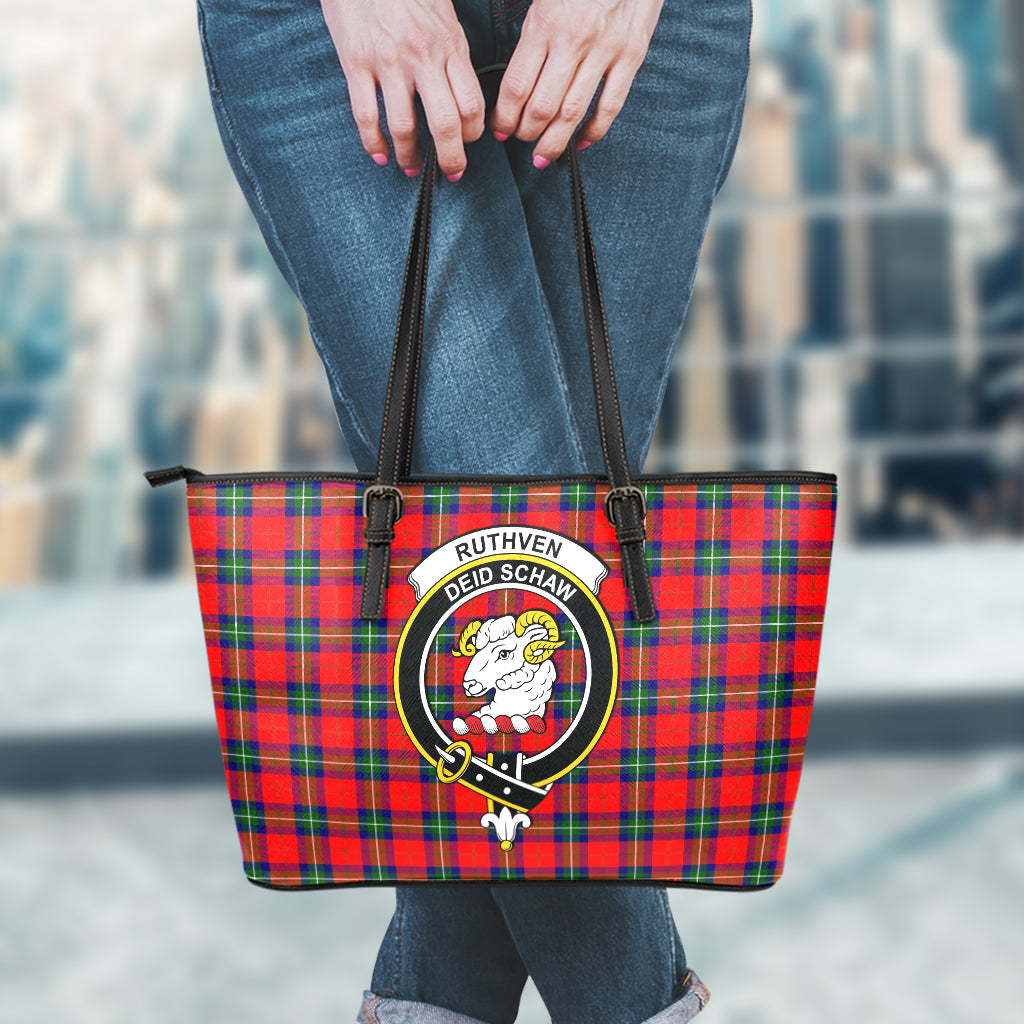 Ruthven Tartan Leather Tote Bag with Family Crest - Tartan Vibes Clothing
