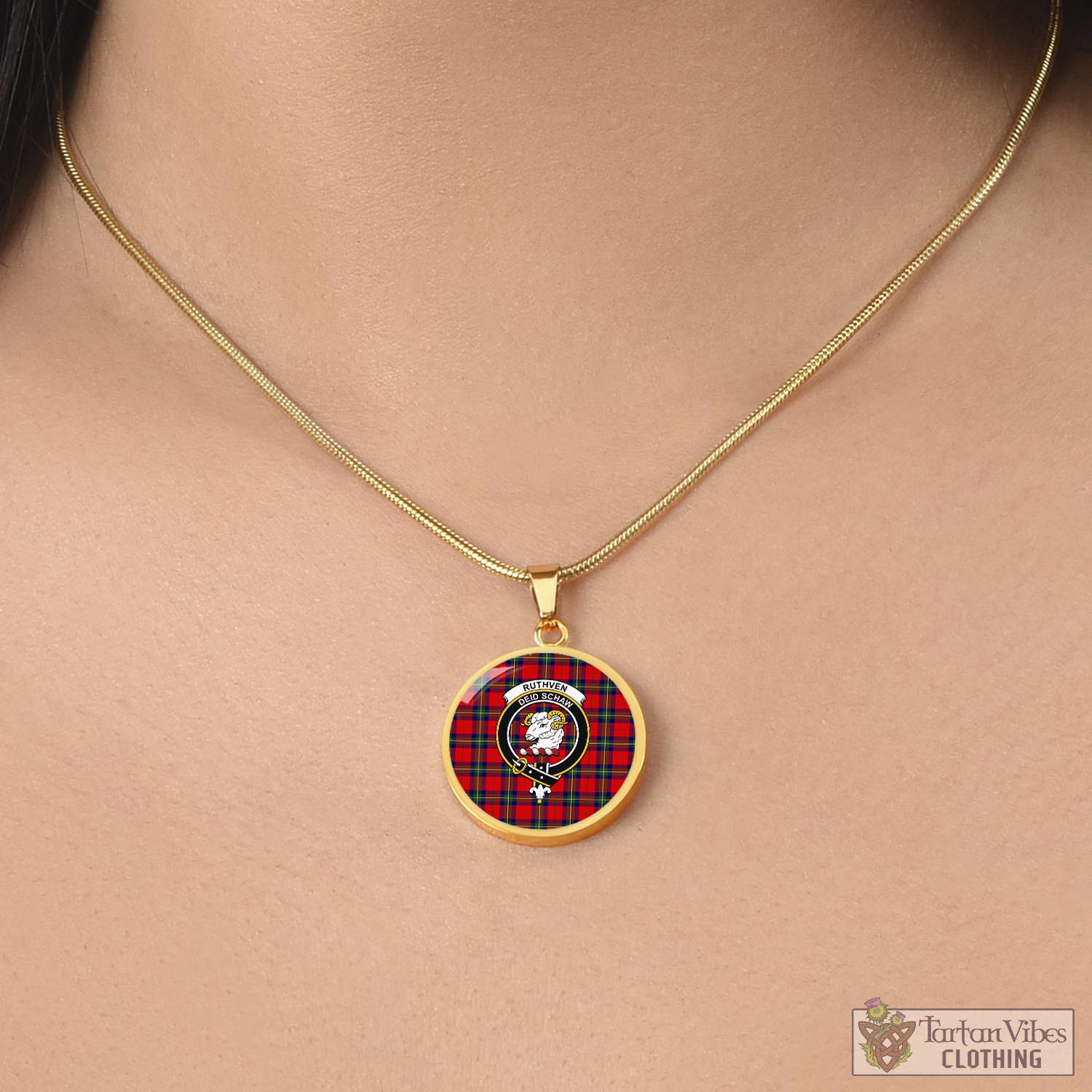 Tartan Vibes Clothing Ruthven Modern Tartan Circle Necklace with Family Crest