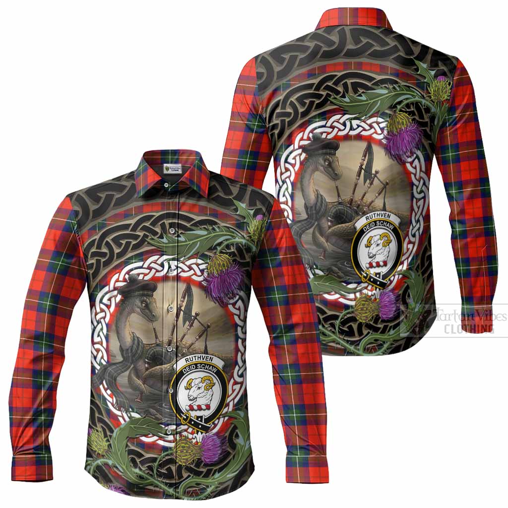 Ruthven Tartan Crest Bagpipe Nessie Long Sleeve Button Shirts Scottish Loch Ness Monster Celtic Thistle
