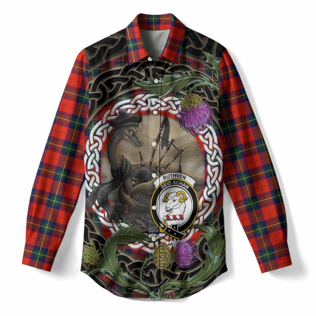 Ruthven Tartan Crest Bagpipe Nessie Women Casual Shirt Scottish Loch Ness Monster Celtic Thistle
