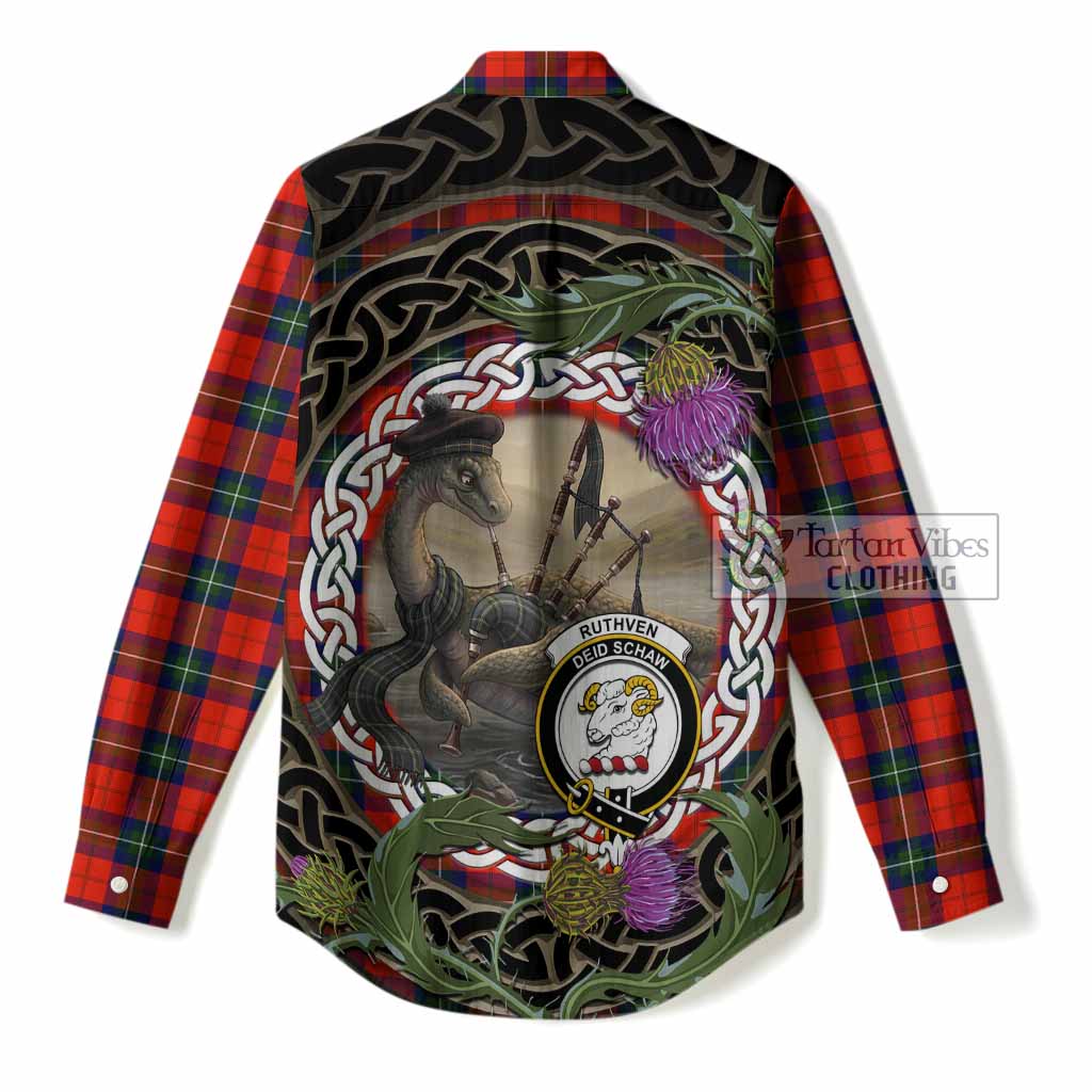 Ruthven Tartan Crest Bagpipe Nessie Women Casual Shirt Scottish Loch Ness Monster Celtic Thistle