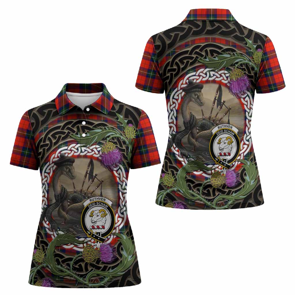 Ruthven Tartan Crest Bagpipe Nessie Women Polo Shirt Scottish Loch Ness Monster Celtic Thistle
