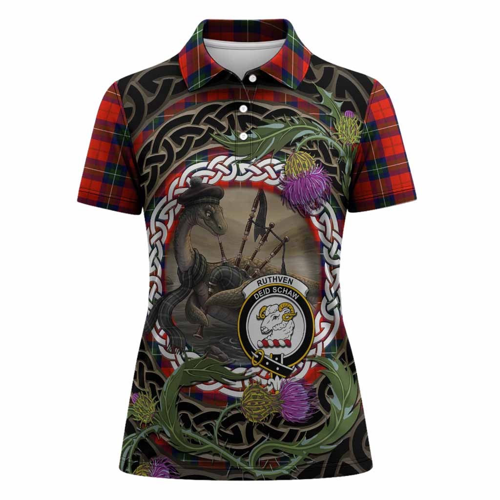 Ruthven Tartan Crest Bagpipe Nessie Women Polo Shirt Scottish Loch Ness Monster Celtic Thistle