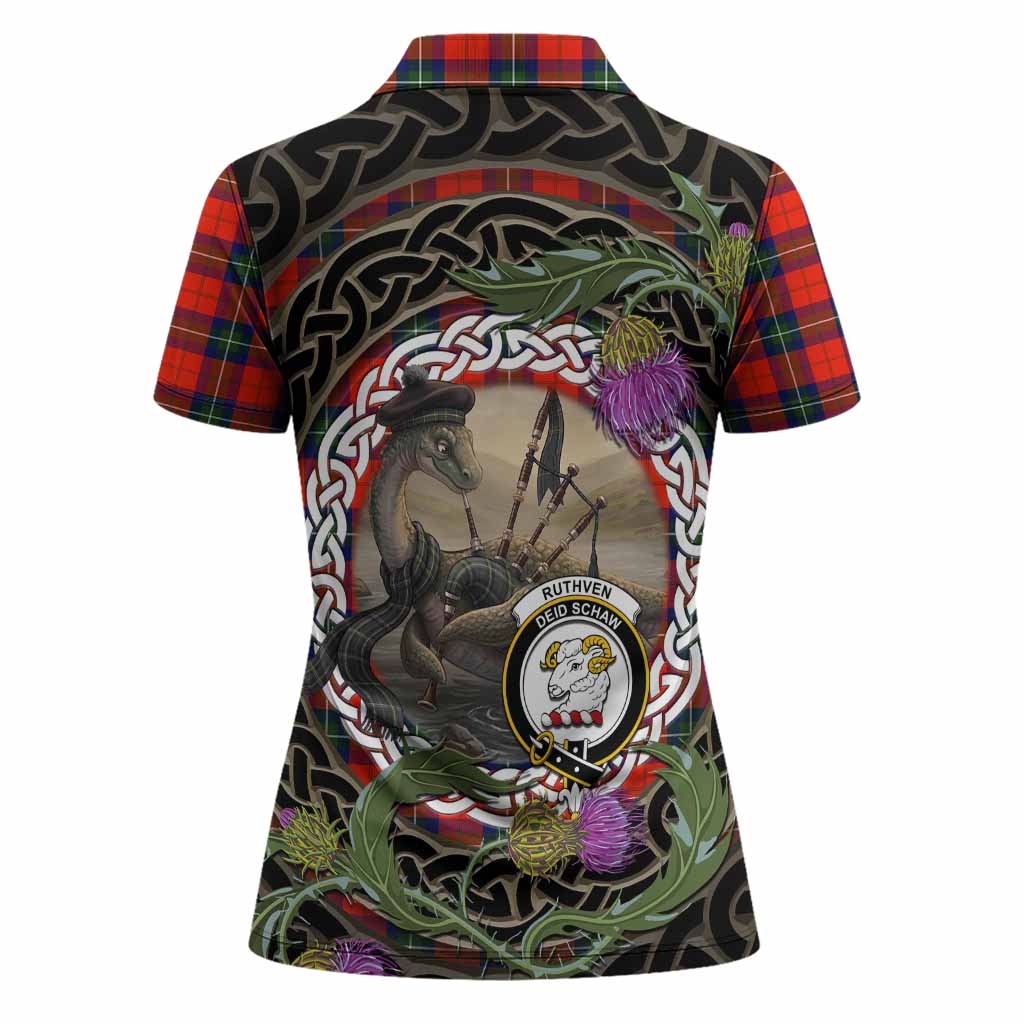 Ruthven Tartan Crest Bagpipe Nessie Women Polo Shirt Scottish Loch Ness Monster Celtic Thistle