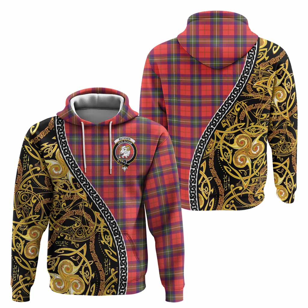 Ruthven Tartan Crest Hoodie Celtic Knot and Triple Trickle Spiral Symbols