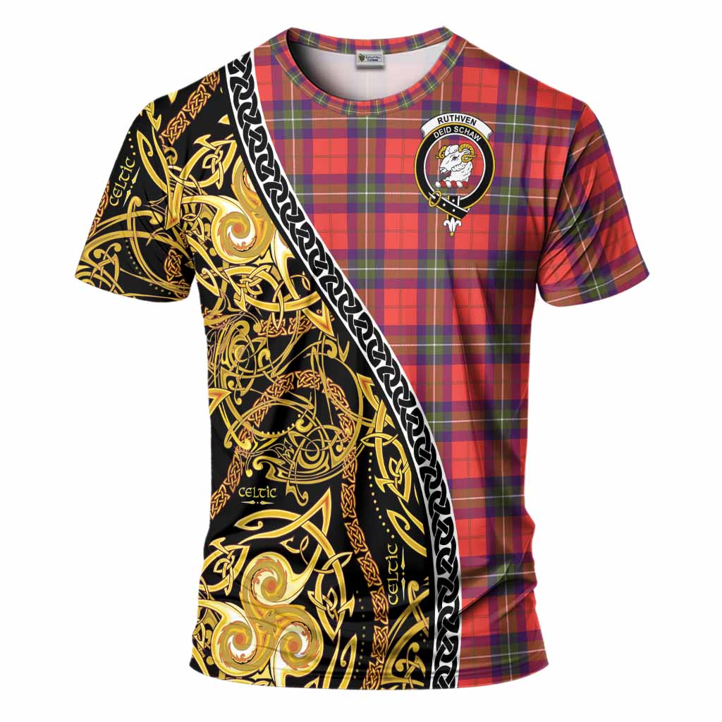 Ruthven Tartan Crest T-Shirt Celtic Knot and Triple Trickle Spiral Symbols