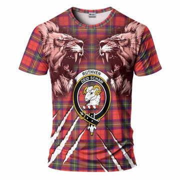 Ruthven Tartan Crest T-Shirt Ferocious Lion Style