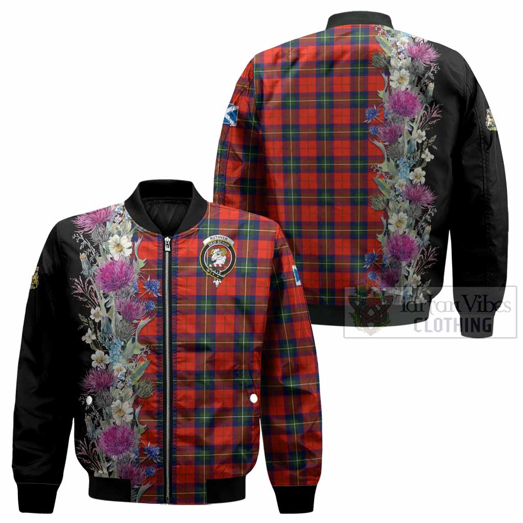 Ruthven Tartan Crest Thistle Floral Bomber Jacket - Tartan Vibes Clothing