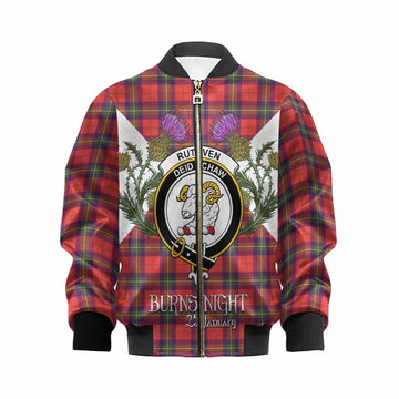 Ruthven Tartan Family Crest Kid Bomber Jacket Scottish Burns Night Thistle Floral