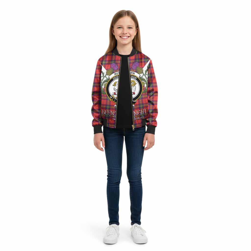 Ruthven Tartan Family Crest Kid Bomber Jacket Scottish Burns Night Thistle Floral