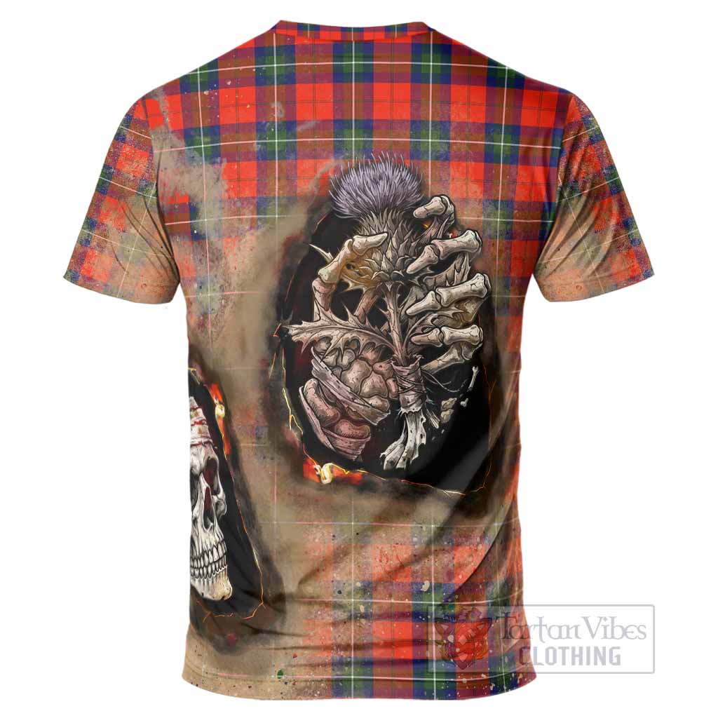 Ruthven Tartan T-Shirt Halloween Skeleton With Thistle Burning Effect