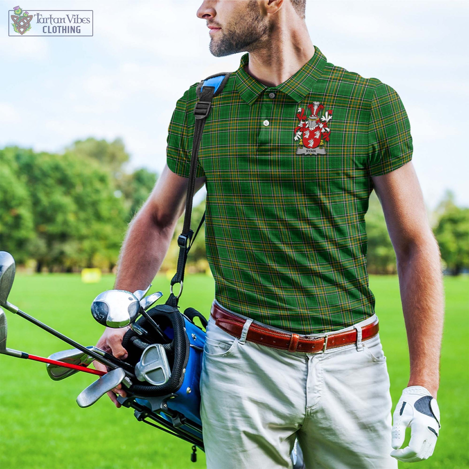 Tartan Vibes Clothing Ryan Ireland Clan Tartan Polo Shirt with Coat of Arms
