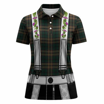 Sackett Tartan Lederhosen Costume Women Polo Shirt Scotland Thistle Floral