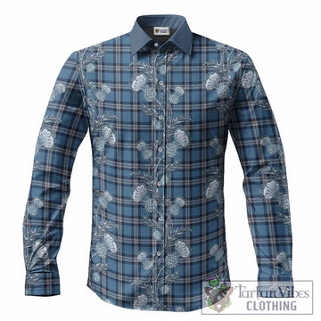 Saint Andrews Tartan Long Sleeve Button Shirts Seamless Scottish Thistle Flowers