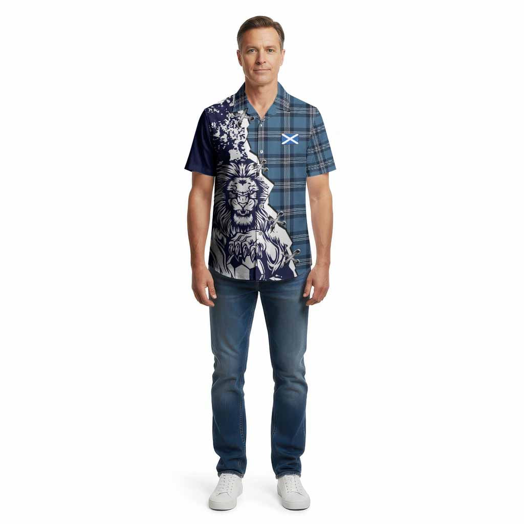 Saint Andrews Tartan Scottish Cotton Hawaiian Shirt Angry Lion With Soccer Ball Style