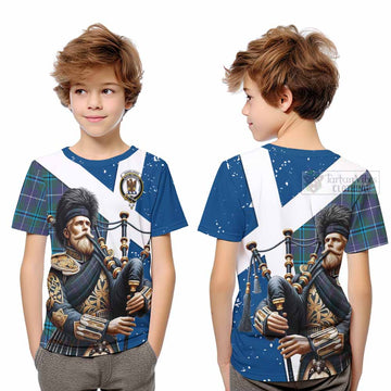 Tartan Vibes Clothing Sandilands Tartan Kid T-Shirt with Family Crest Scottish Bagpiper Vibes