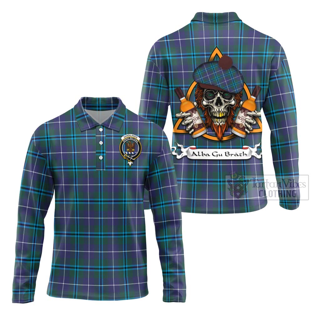 Tartan Vibes Clothing Sandilands Tartan Long Sleeve Polo Shirt with Family Crest and Bearded Skull Holding Bottles of Whiskey