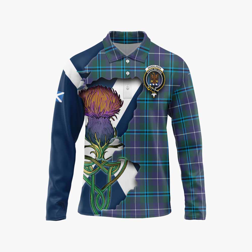 Tartan Vibes Clothing Sandilands Tartan Family Crest Long Sleeve Polo Shirt Scottish Thistle Celtic Inspired