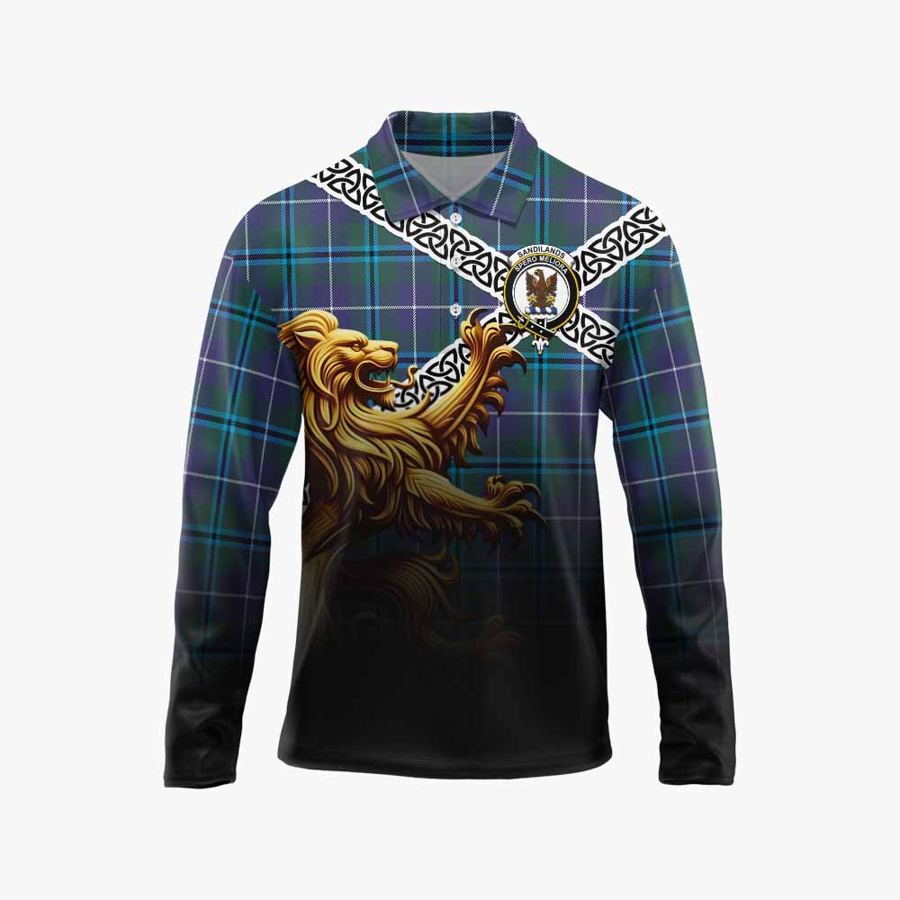 Tartan Vibes Clothing Sandilands Crest Tartan Long Sleeve Polo Shirt with Golden Lion Emblem Celtic Style