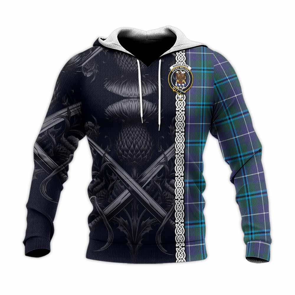 Tartan Vibes Clothing Sandilands Tartan Knitted Hoodie with Family Crest Cross Sword Thistle Celtic Vibes