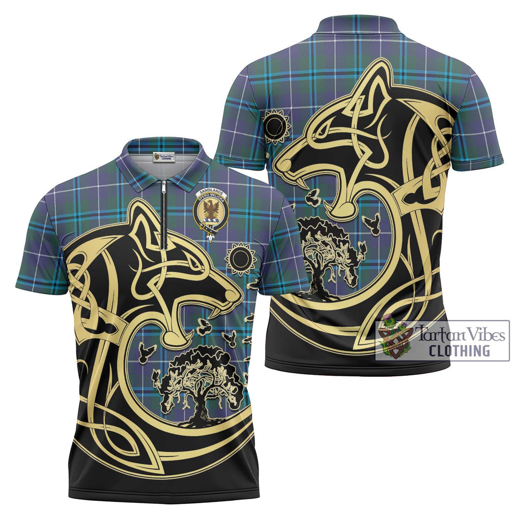 Sandilands Tartan Zipper Polo Shirt with Family Crest Celtic Wolf Style Unisex - Tartanvibesclothing Shop