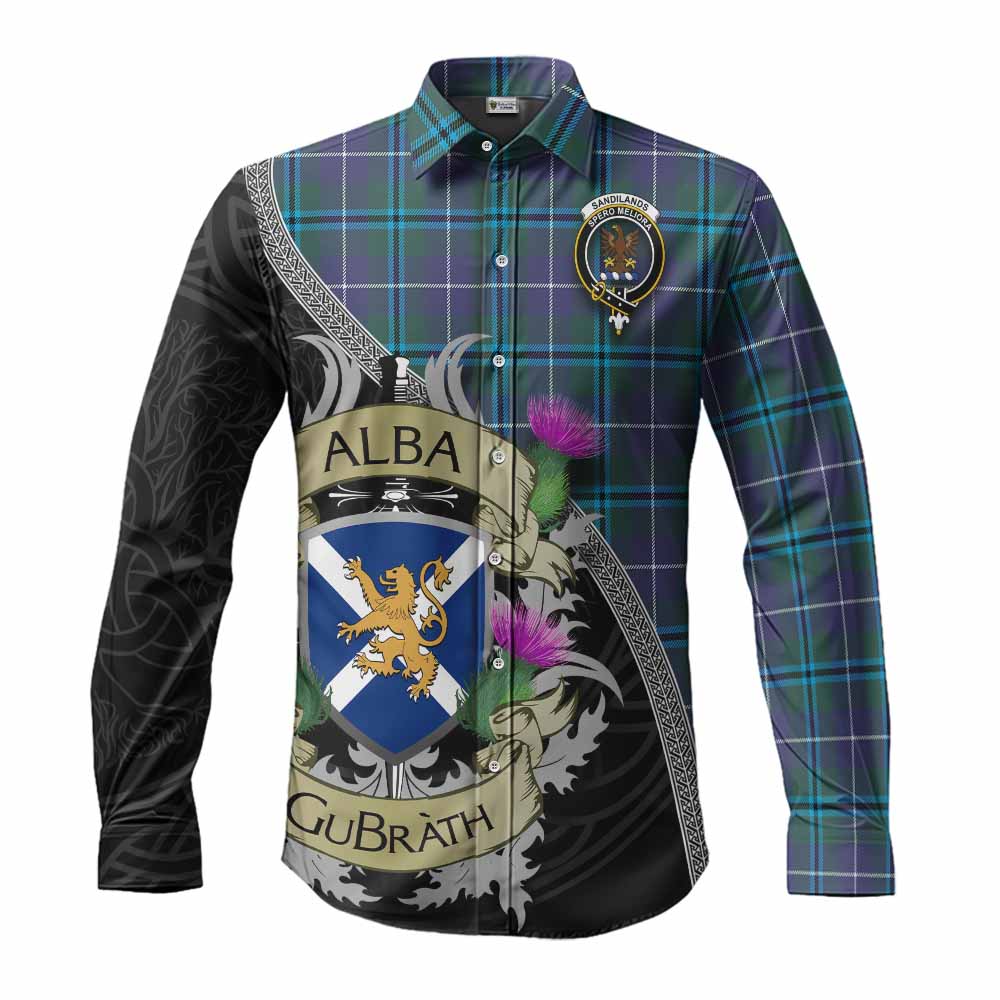 Tartan Vibes Clothing Sandilands Tartan Family Crest Long Sleeve Button Shirt Lion Rampant Royal Thistle Shield Celtic Inspired