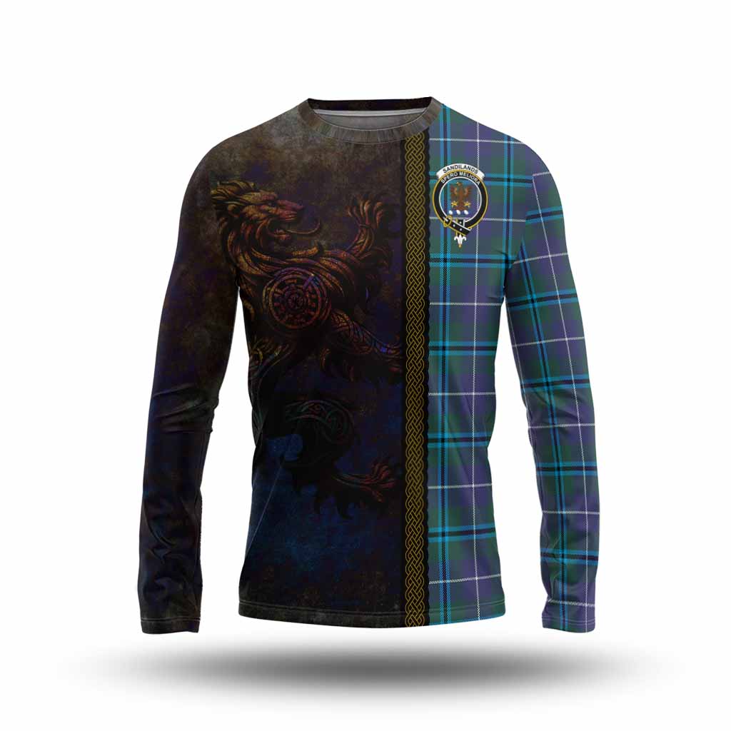 Tartan Vibes Clothing Sandilands Tartan Family Crest Long Sleeve T-Shirt Alba Gu Brath Be Brave Lion Ancient Style
